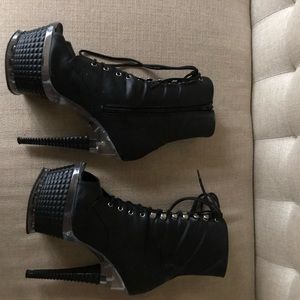 Pleaser zip up laced up high heel booties